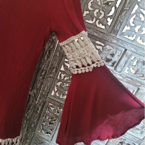 Entro Womens Burgundy Bohemian Long Bell Sleeve Dress with Crochet Accent Detail - Picture 10 of 16